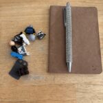 Ein Notizbuch, ein Kugelschreiber. Darin einige Notizen für den Tag. Daneben die Einzelteile von 3 Lego Figuren und der Auftrag 3 Superhelden zu bauen.